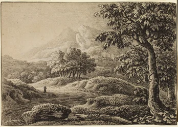Landschaft mit schneebedeckten Bergen und drei Figuren